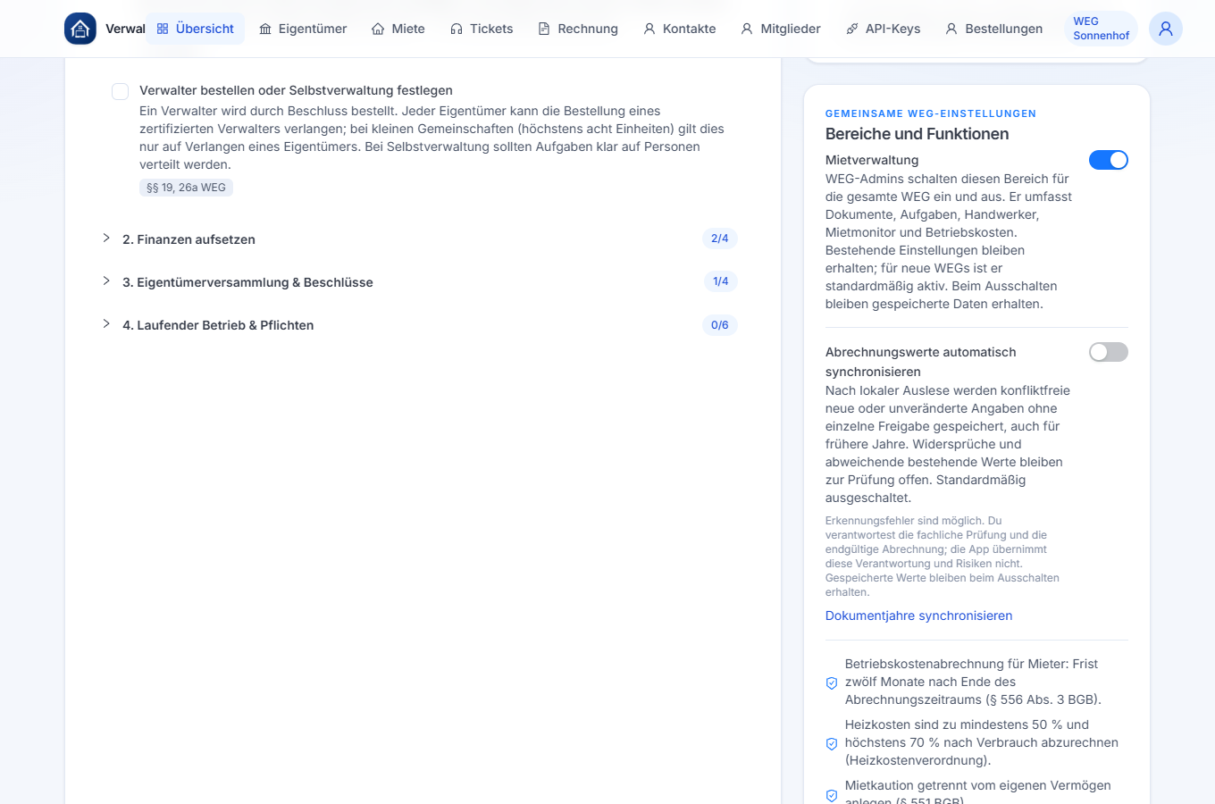 WEG-Admin-Funktionsauswahl mit Risikohinweis zur optionalen automatischen Synchronisierung