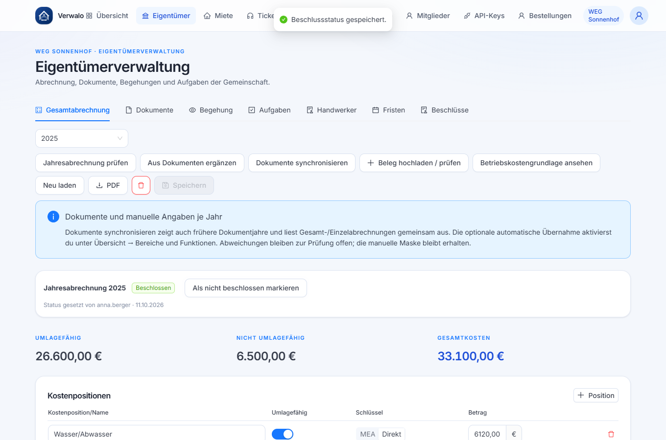 Jahresabrechnung mit eigenem Beschlussstatus und manueller Statusänderung