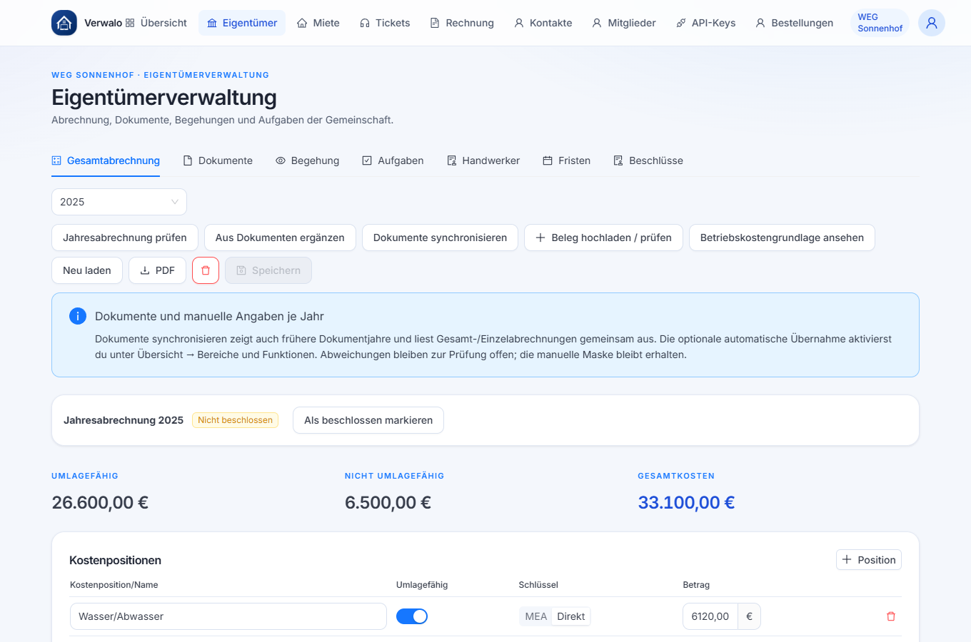 Vollständige manuelle Gesamtabrechnung mit Dokumentimport und Jahresprüfung