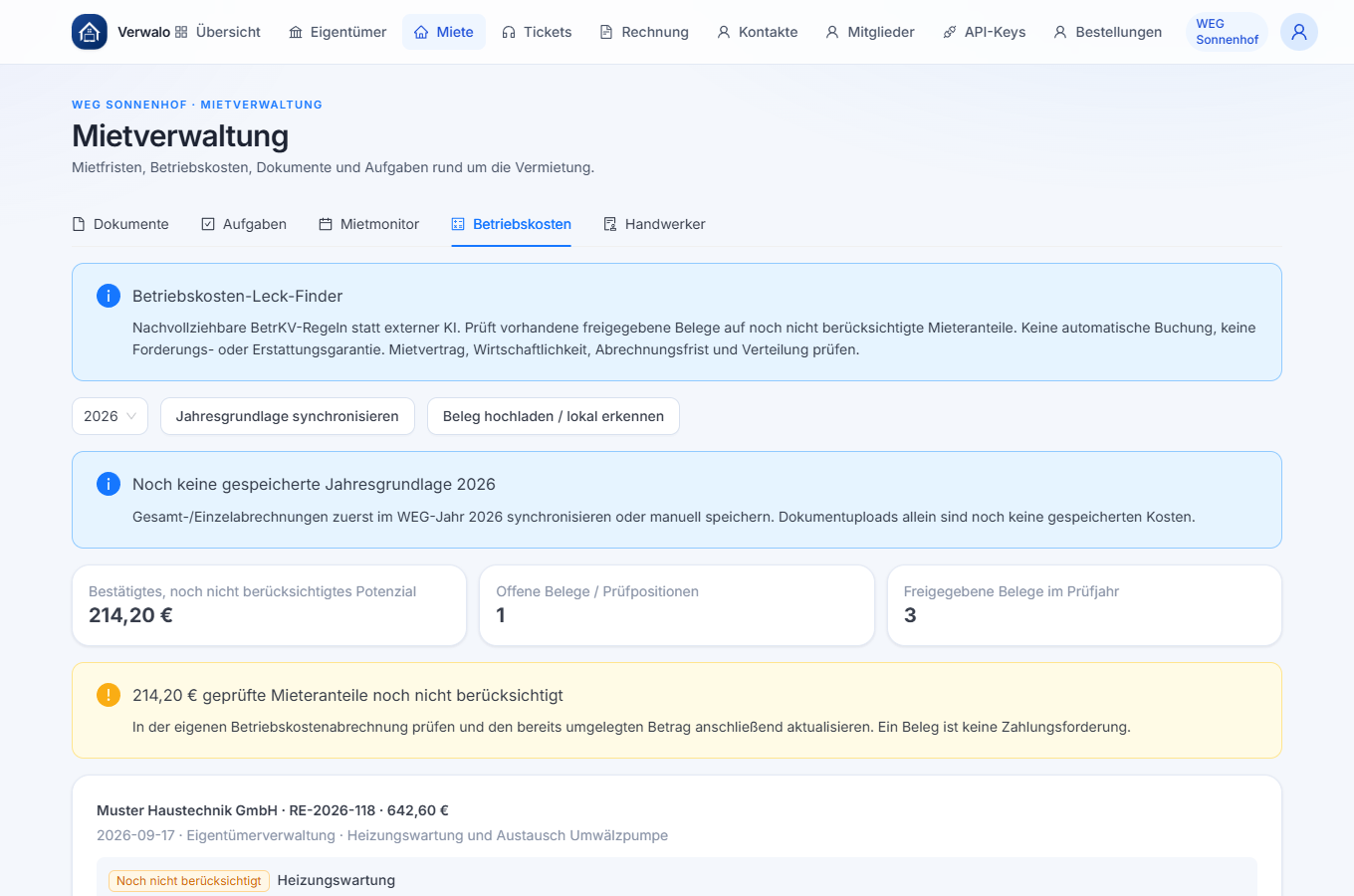Betriebskosten-Prüfung mit bestätigten offenen Mieteranteilen und Rechnungspositionen