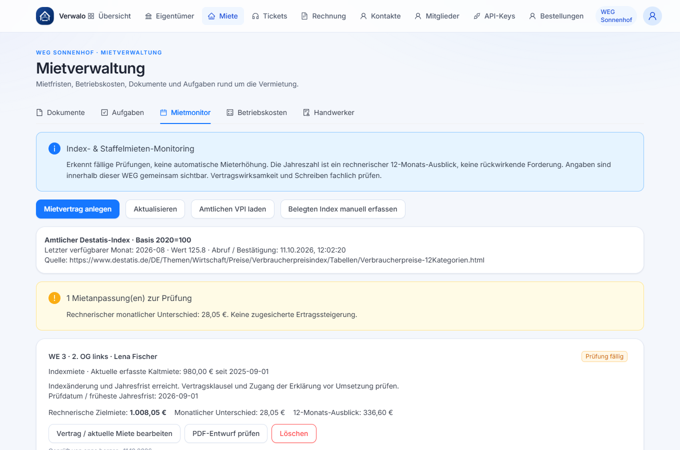 Mietmonitor mit Indexquelle, fälliger Indexprüfung und Staffelvertrag