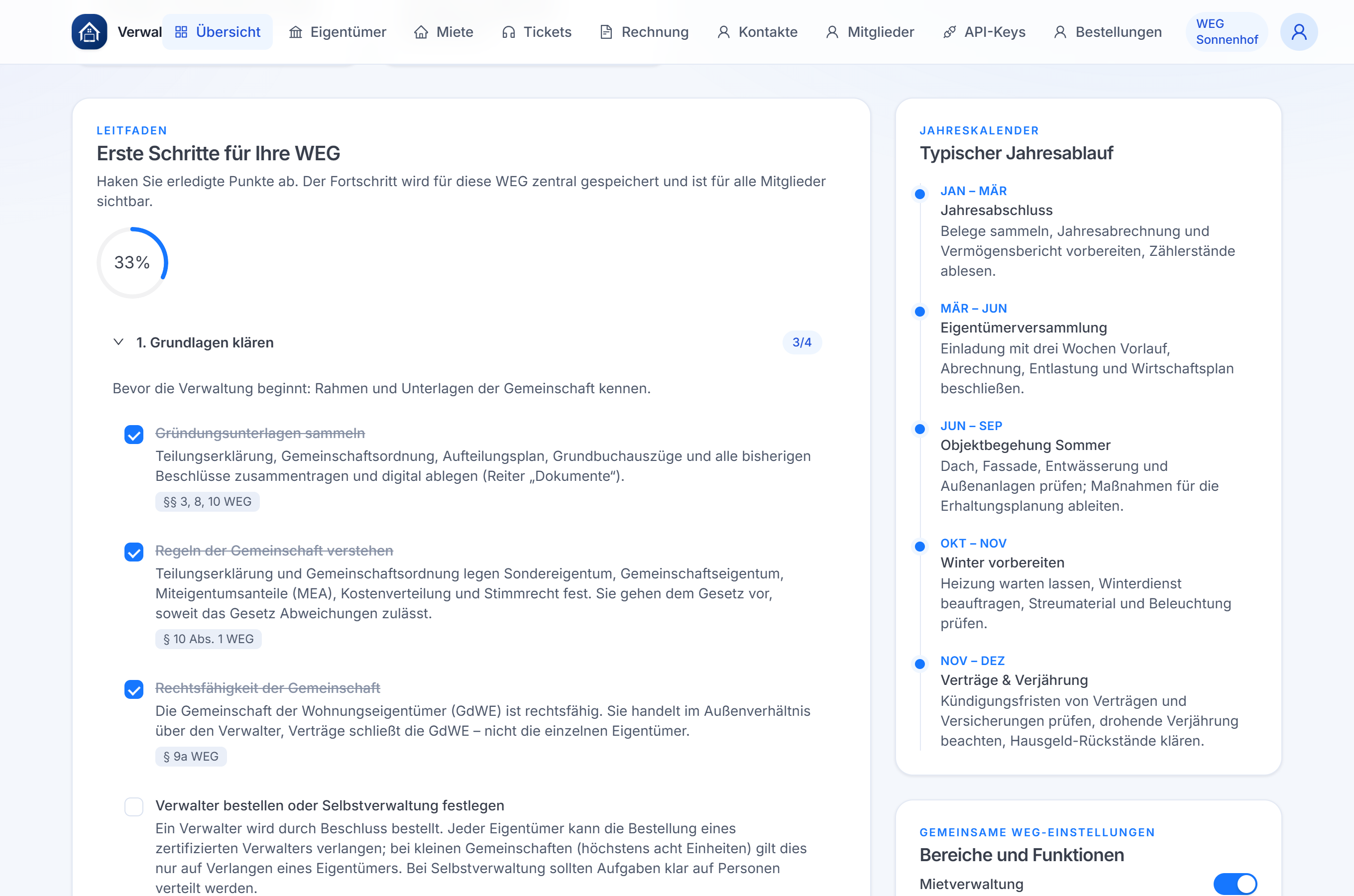 Verwalo App-Startseite mit dem Fortschritt erledigter Schritte und Jahreskalender – Beispiel mit Demodaten
